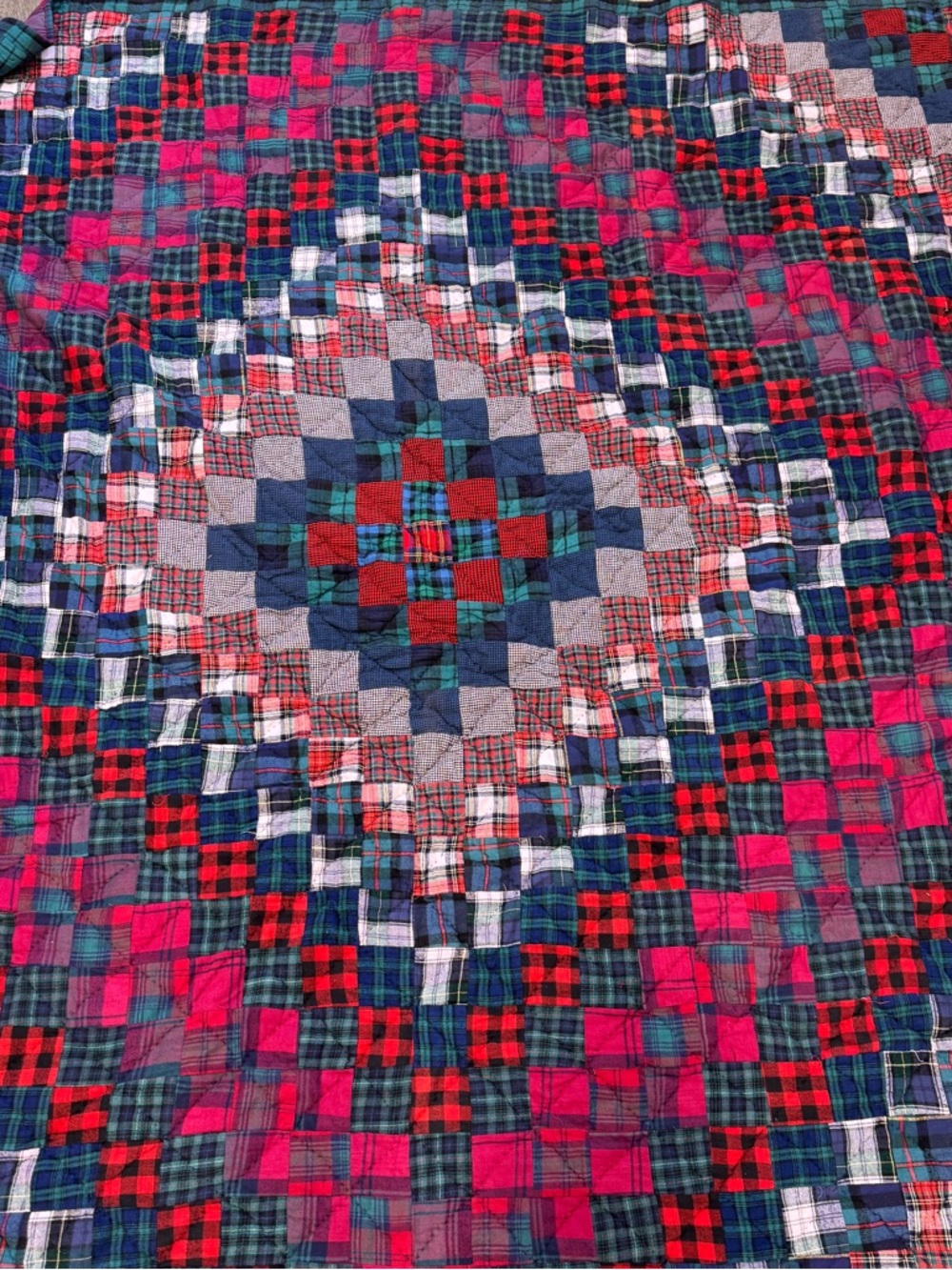 Vintage Hand-Stitched Plaid Patchwork Quilt Crazy Wild Busy 87x87 Large